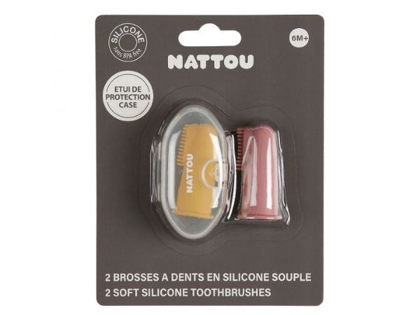 Nattou Fingertannbørste gul/rosa m/etui 2-pk