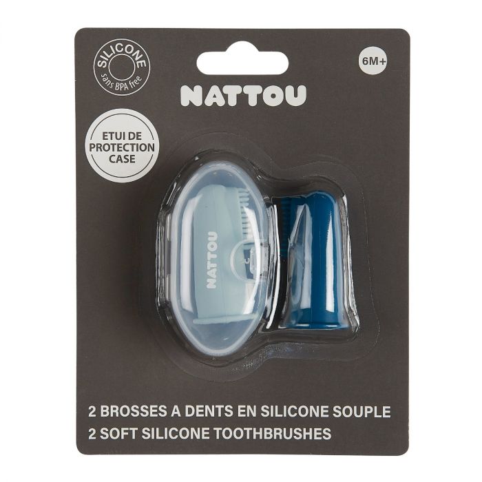 Nattou Fingertannbørste Petrol/Blå m/etui 2-pk